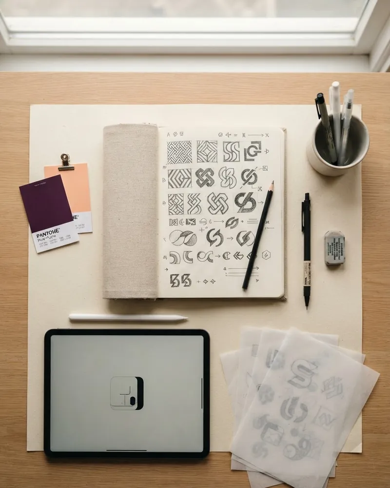 Designertisch mit Logoskizzen und Farbmustern in Violett und Pfirsich